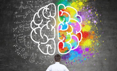 Ilustración conceptual de un cerebro dividido en lógica y arte con un creativo observando, para el blog de Pomelo Media sobre ser creativo.