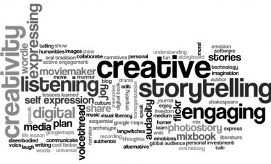 Nube de conceptos sobre storytelling creativo y digital: escucha, compromiso, autoexpresión y narrativa analizados por Pomelo Media.