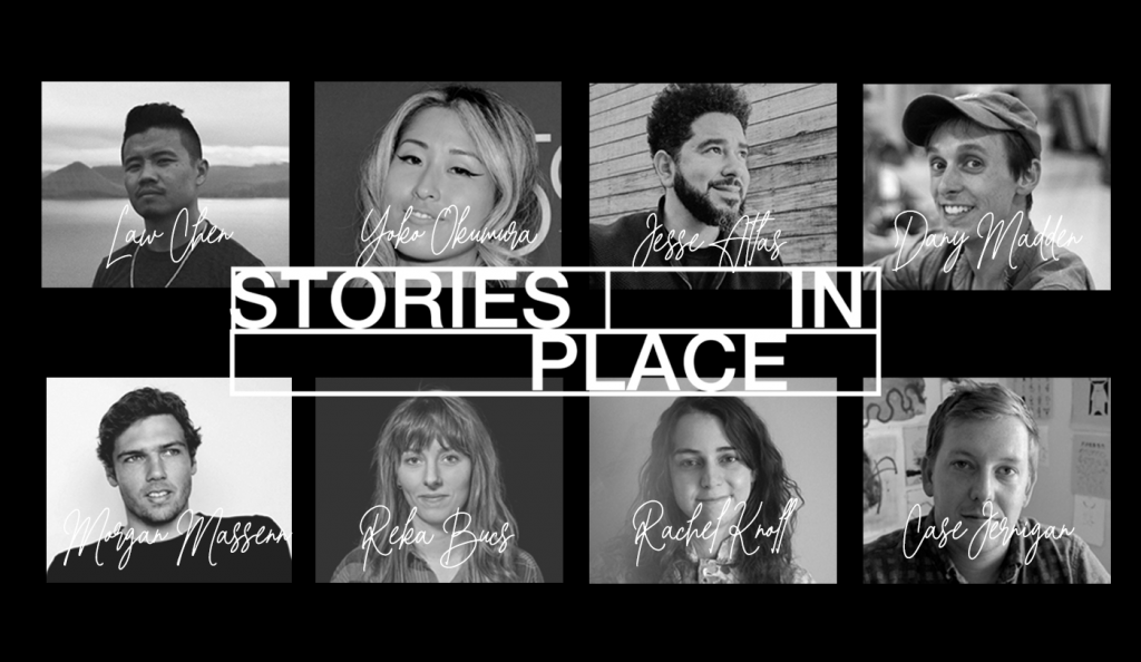 Mosaico de directores del proyecto Stories in Place, incluyendo a Law Chen y Yoko Okumura, sobre narrativa audiovisual analizado por Pomelo Media.