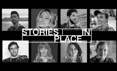 Mosaico de directores del proyecto Stories in Place, incluyendo a Law Chen y Yoko Okumura, sobre narrativa audiovisual analizado por Pomelo Media.