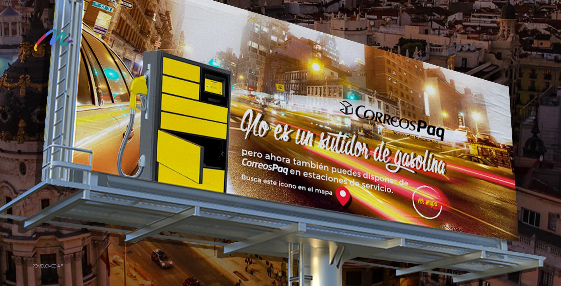 Diseño de campaña de publicidad exterior para CorreosPaq en estaciones de servicio creado por la agencia Pomelo Media.